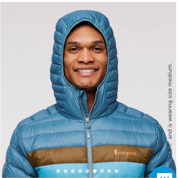 Cotopaxi Men’s Medium Fuego Hooded Down Puffer Jacket Blue Spruce Stripes NWT - Picture 11 of 15